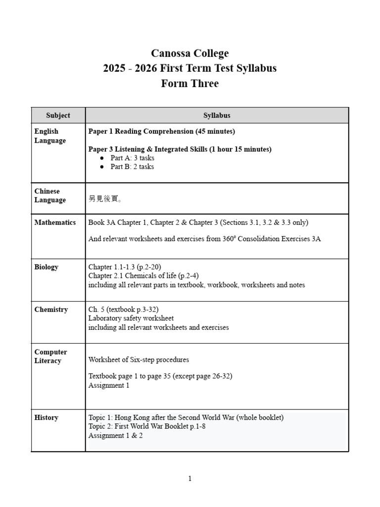 2025-2026 F3 First Term Test Syllabus | PDF