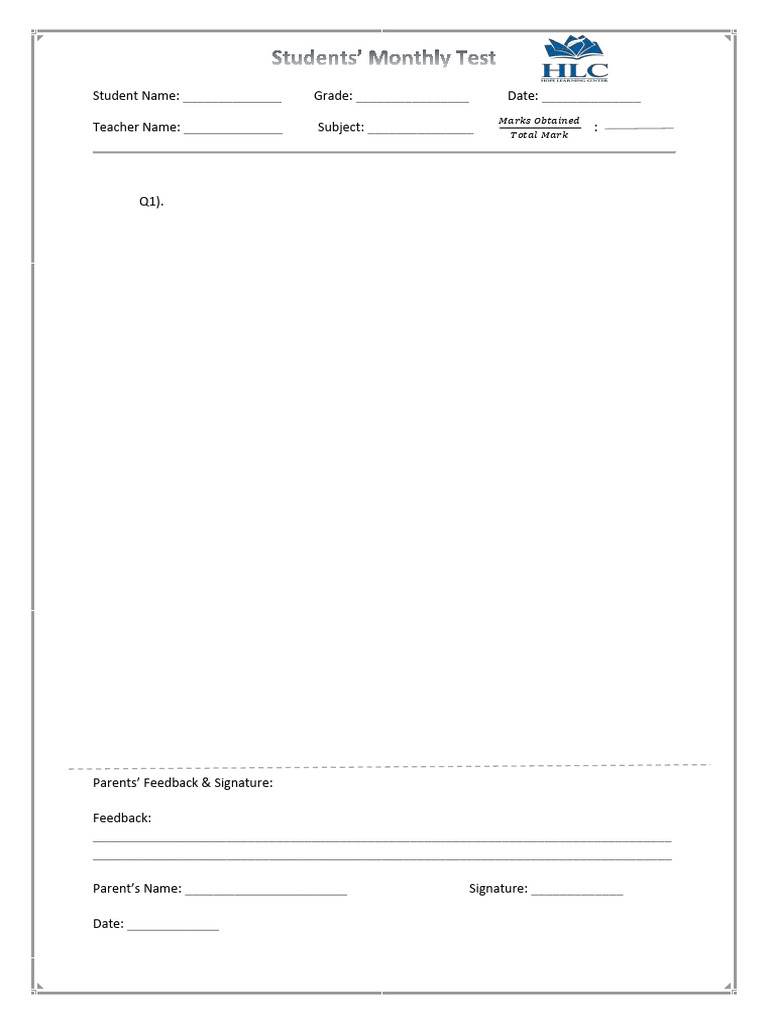 Student's Monthly Test Template | PDF