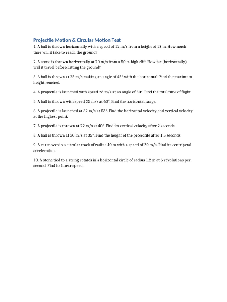 Projectile Circular Motion Test | PDF