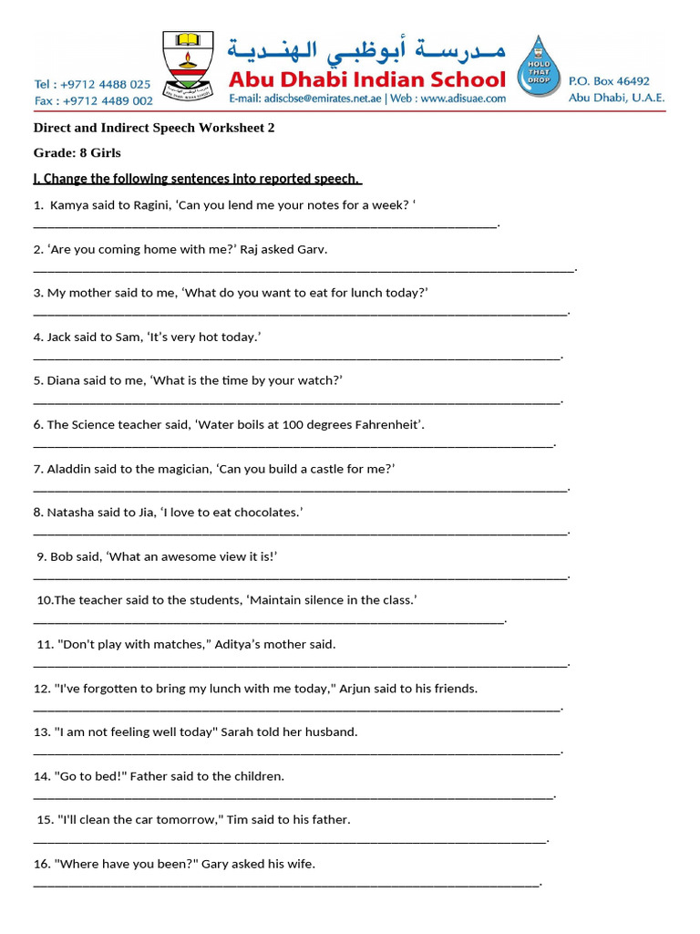 Direct and Indirect Speech Worksheet 2 | PDF | Chess | Chess Openings