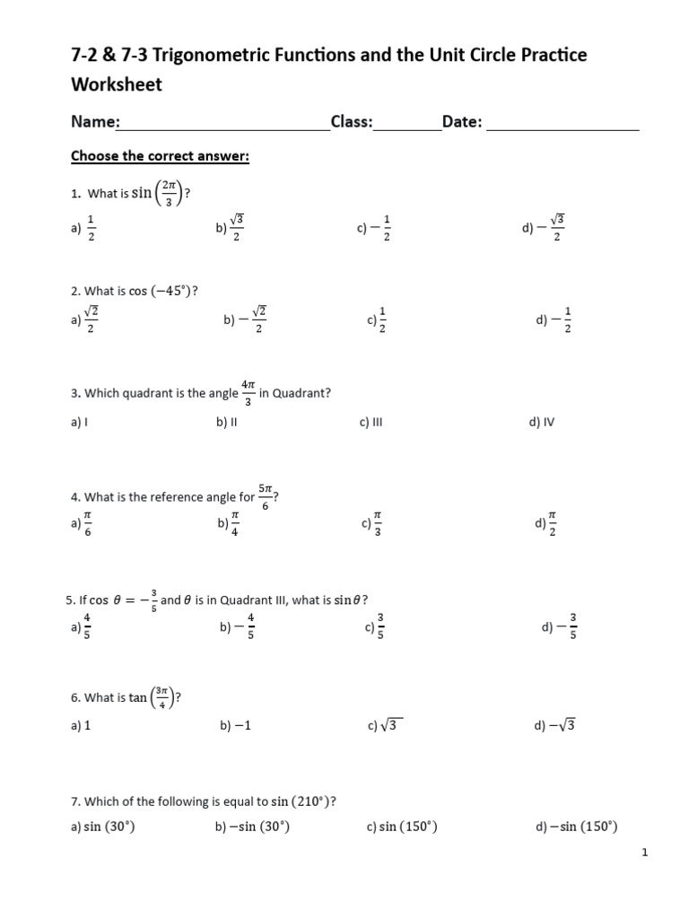 7-2 and 7-3 Trigonometric Functions and The Unit Circle Practice ...