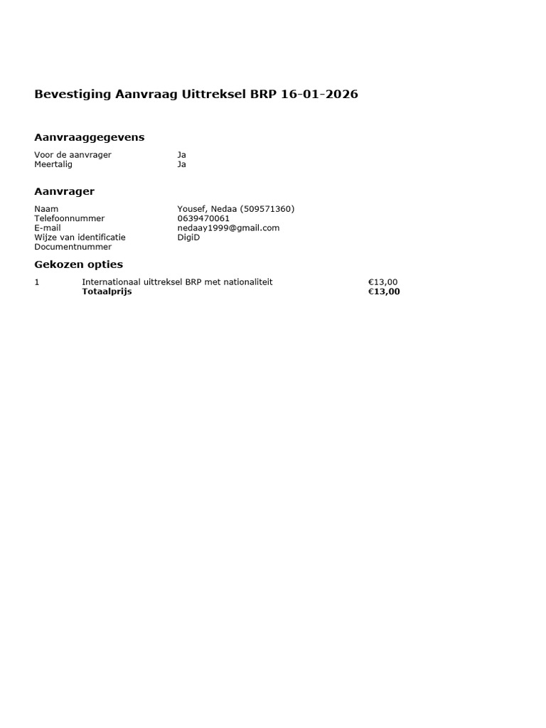 Bevestigingsdocument Aanvraag Uittreksel BRP | PDF