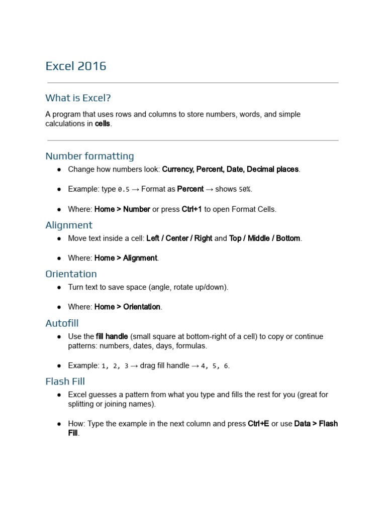 Excel 2016 - Grade 6 One Page Handout - 2 | PDF