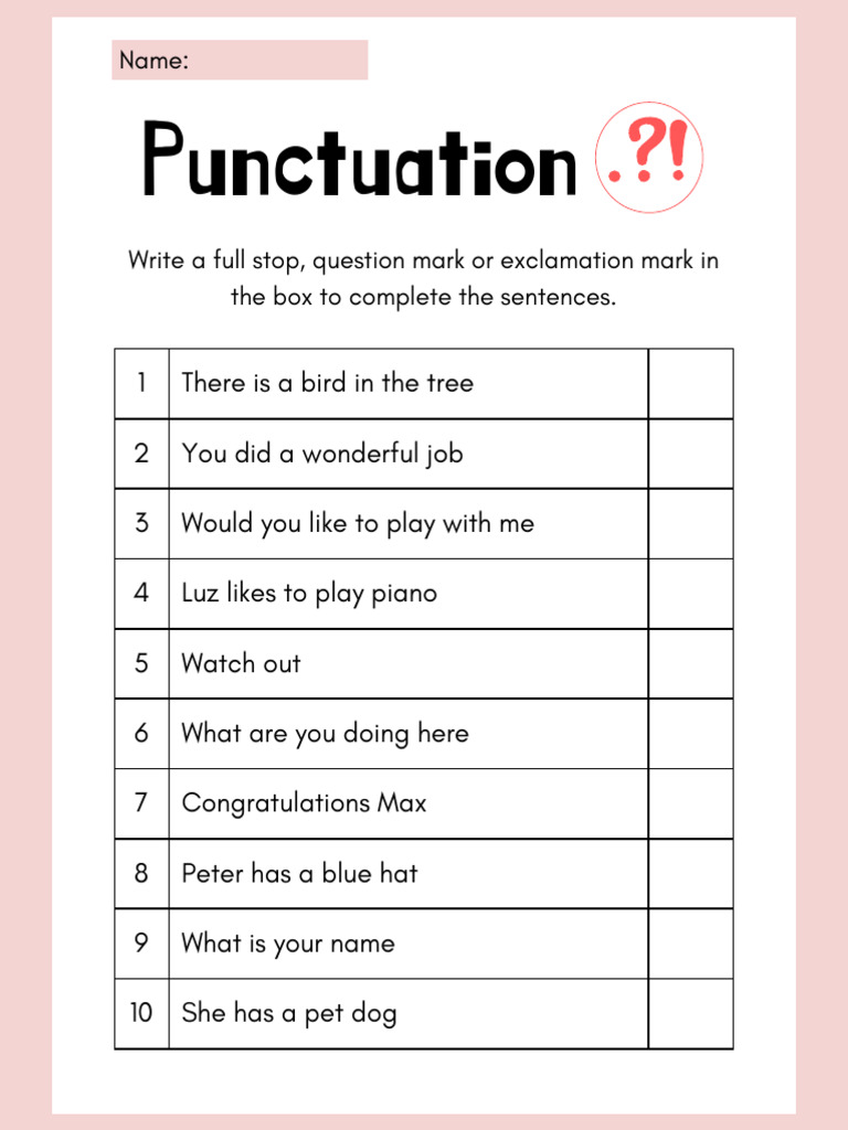 Pink Red Minimalist Punctuation Sentences English Writing Worksheet | PDF