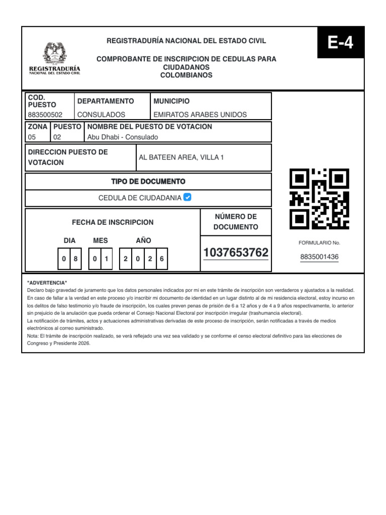 Formulario E-4 Registraduría Nacional | PDF