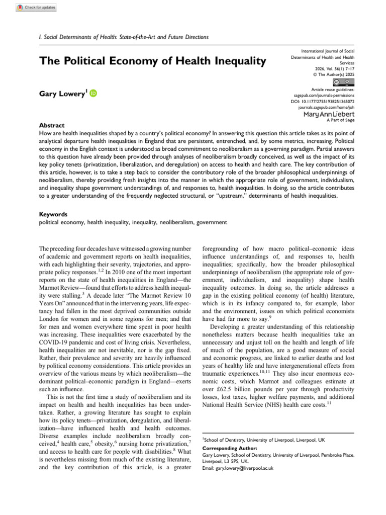 Lowery 2025 The Political Economy of Health Inequality | PDF | Cost Of ...