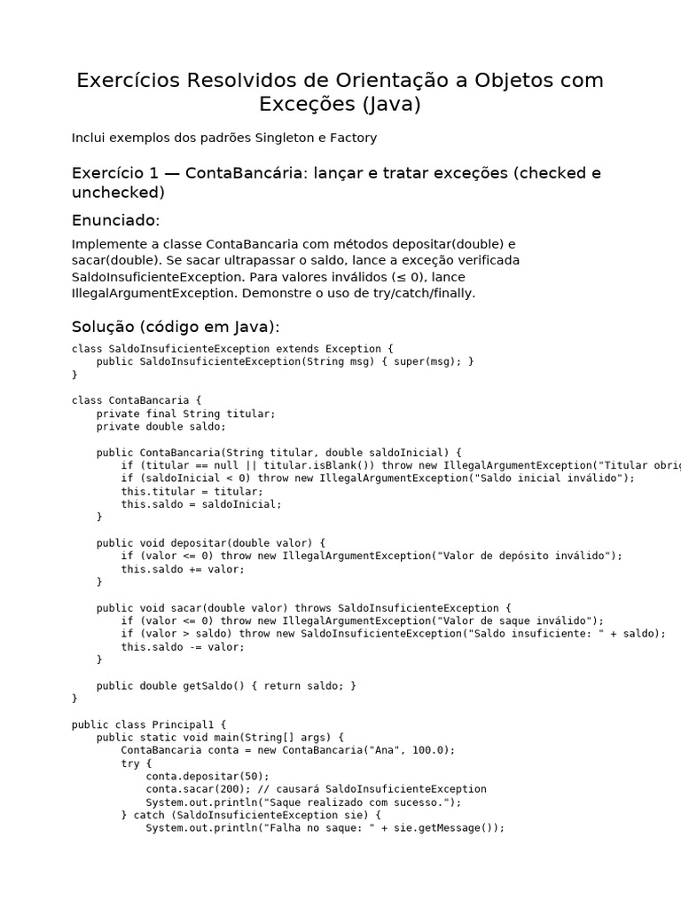 Exercicios OO Excecoes Singleton Factory | PDF | Java (linguagem de ...
