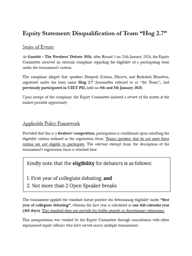 Equity Statement - Disqualification of Team 