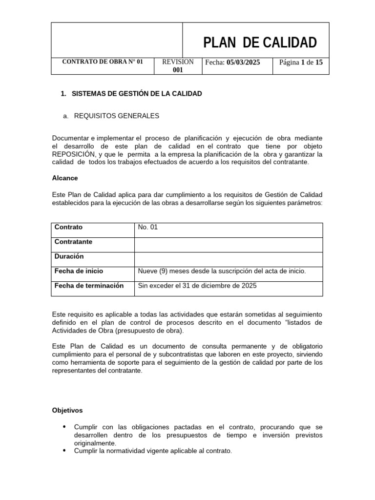 Plan de Calidad de Obra | PDF | Calidad (comercial) | Seguridad y salud ...