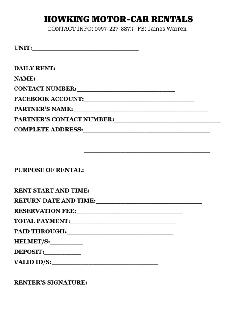 Howking Motor Car Rentals Fill Up Form | PDF | Renting | Car Rental