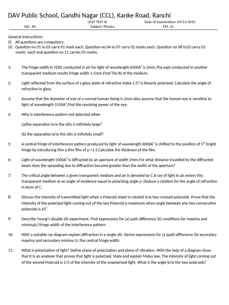 xii ut phy 3 | PDF | Diffraction | Wavelength