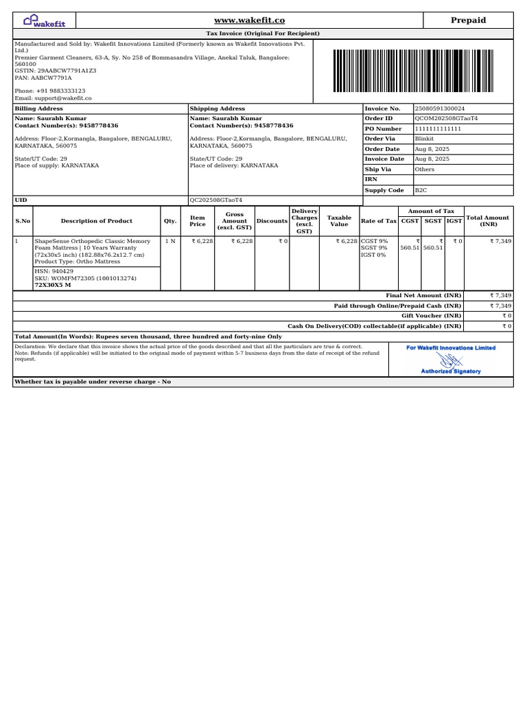 WAKEFIT INVOICE QCOM202508GTaoT4 2025081113131754918017 | PDF | Invoice ...