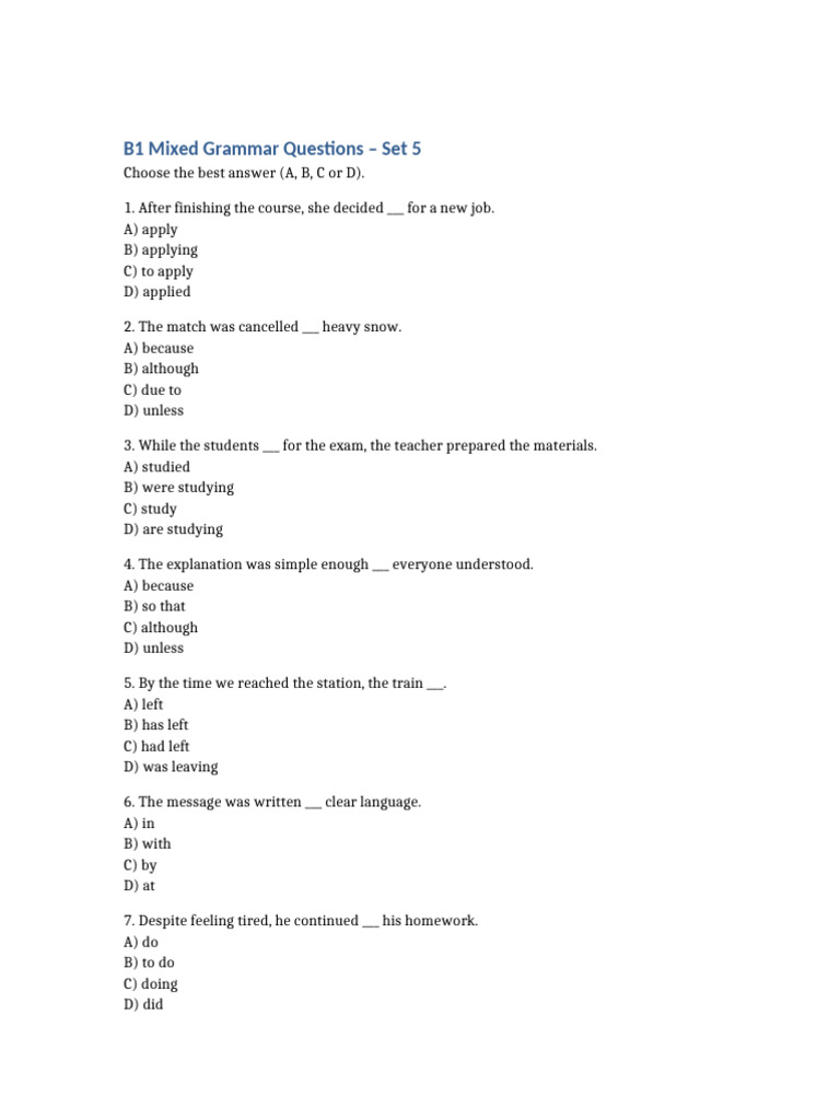 B1 Mixed Grammar Questions Set5 v2 | PDF | Chess Openings | Chess