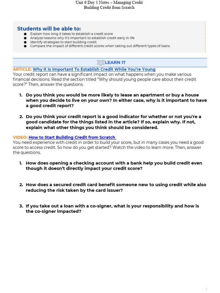 Unit+6+Day+1 2+Notes Building+Your+Credit+From+Scratch | PDF | Credit ...
