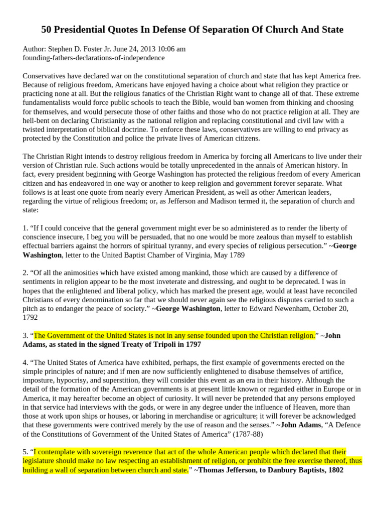 50 Presidential Quotes In Defense Of Separation Of Church And State ...