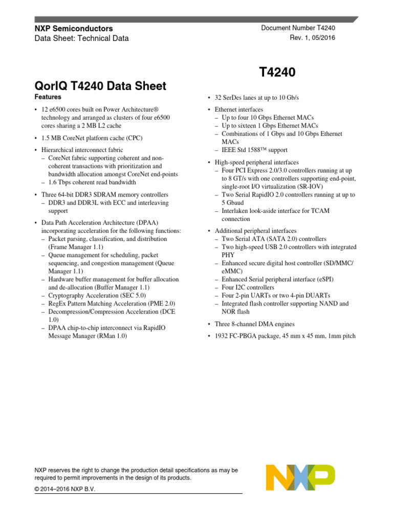 NXP T4240 Datasheet | PDF | Electronics | Electrical Engineering