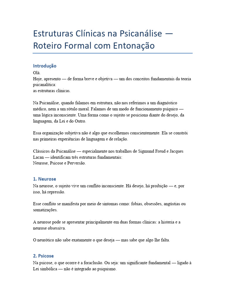 Roteiro Estruturas Clinicas Psicanalise | PDF | Psicanálise | Jacques Lacan