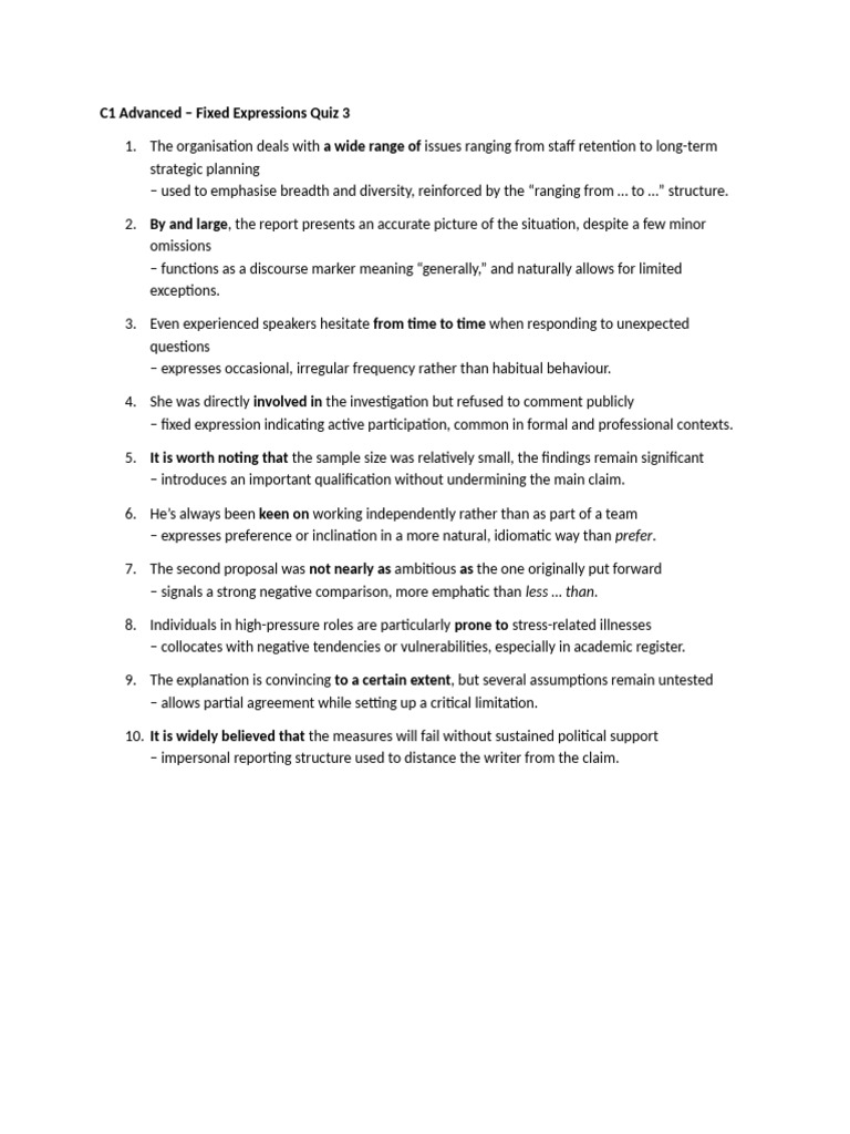 C1 Fixed Expressions Quiz 3 Answers | PDF