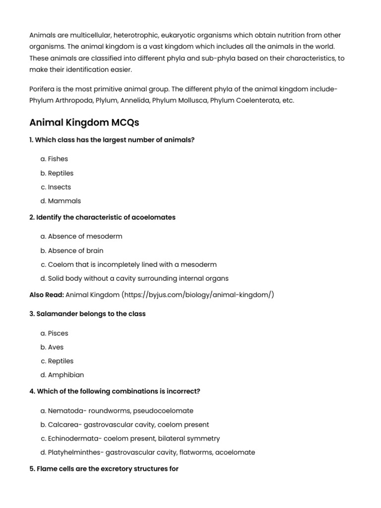 Biology Mcqs On Animal Kingdom | PDF | Zoology | Biology