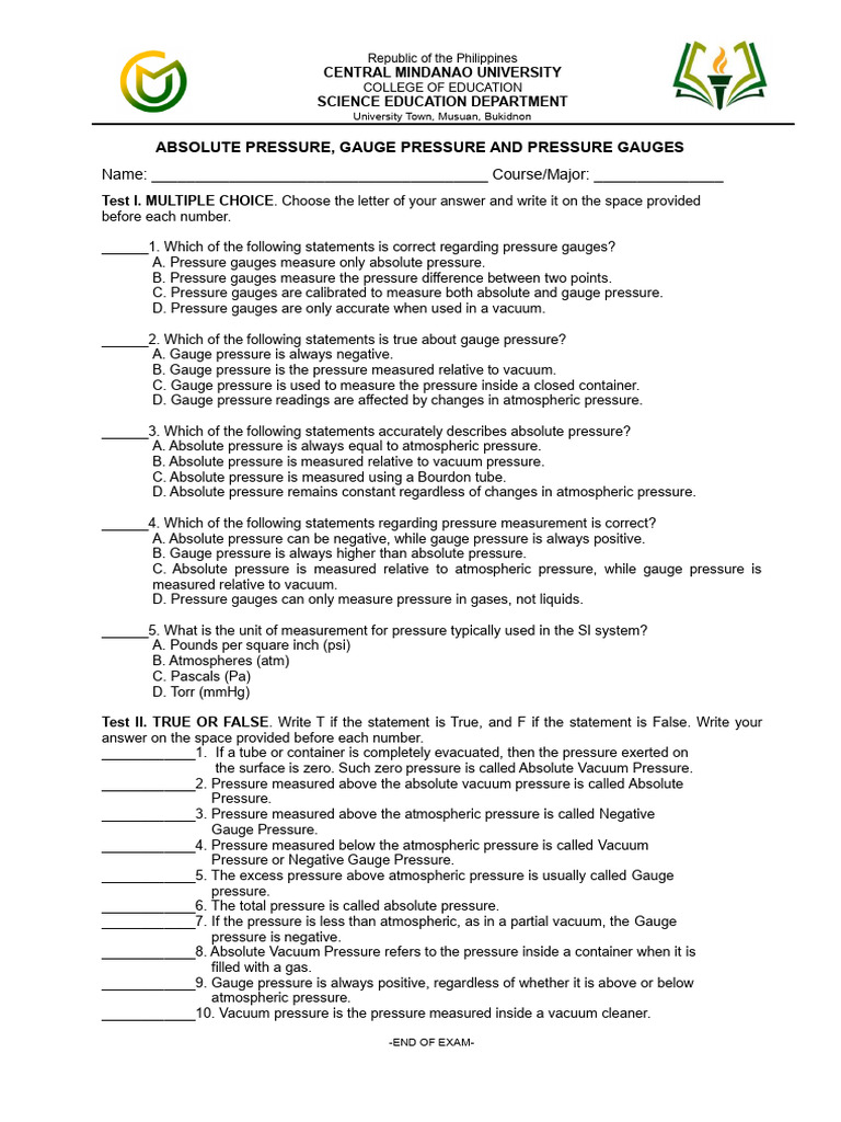 Absolute Pressure Gauge Pressure Quiz | PDF | Pressure Measurement ...