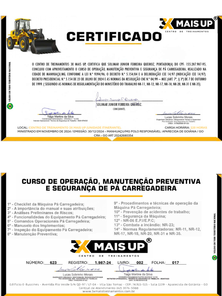 Certificado Jr. Operador de Pá Carregadeira | PDF