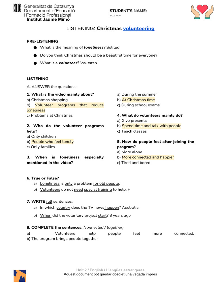 2.7. KEY - LISTENING - Christmas Volunteereing | PDF | Chess Theory ...