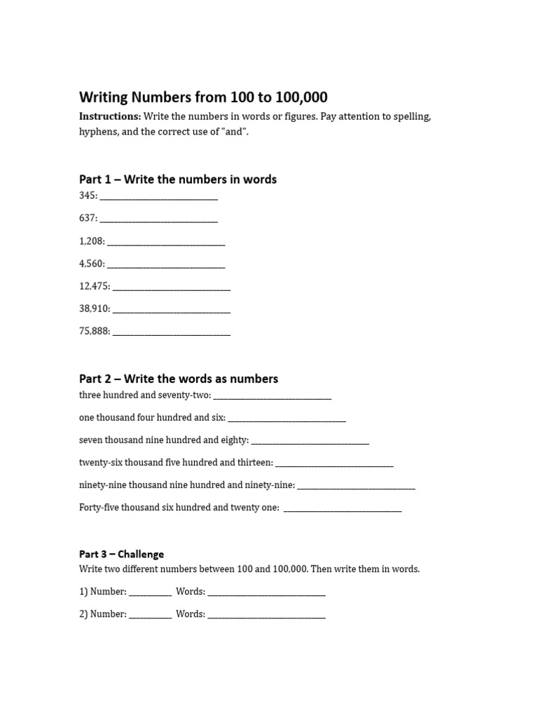 Numbers 100 To 100000 Worksheet | PDF