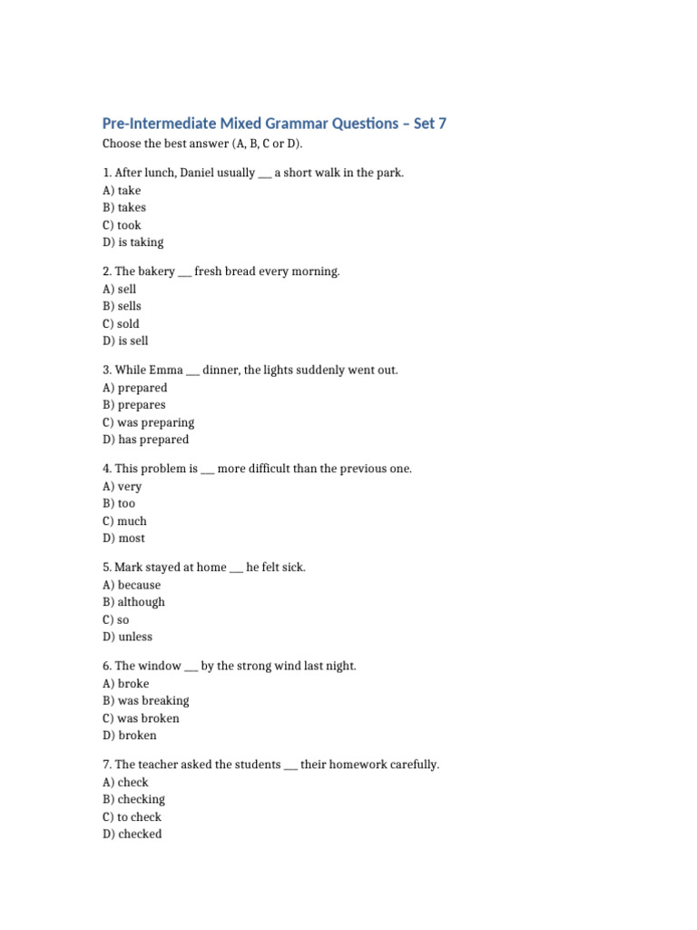 Pre-Intermediate Mixed Grammar Questions Set7 | PDF | Chess Openings ...