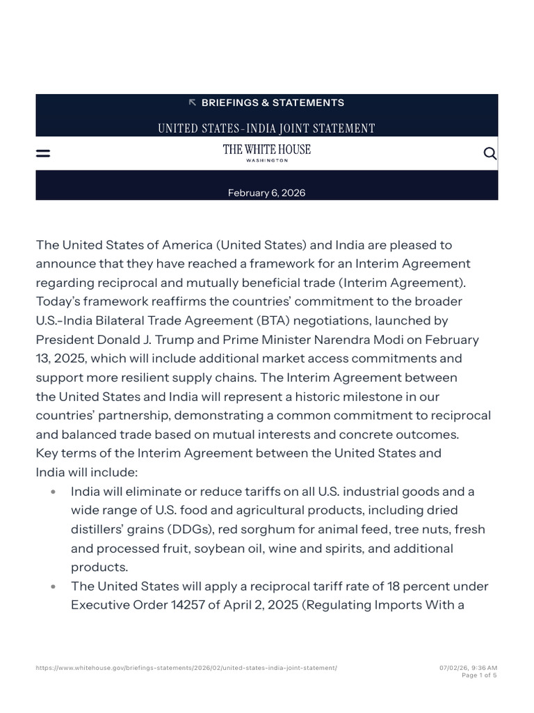 United States-India Joint Statement - The White House | PDF | Market ...