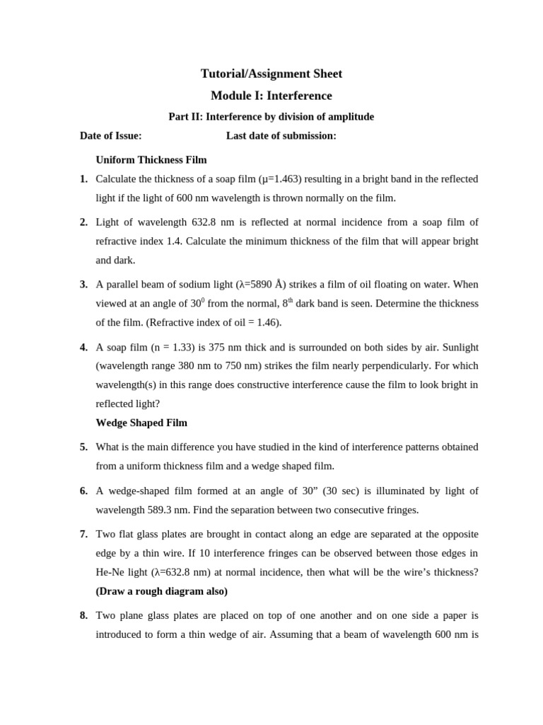 Tutorial Sheet Module I Interference Part II | PDF | Light ...