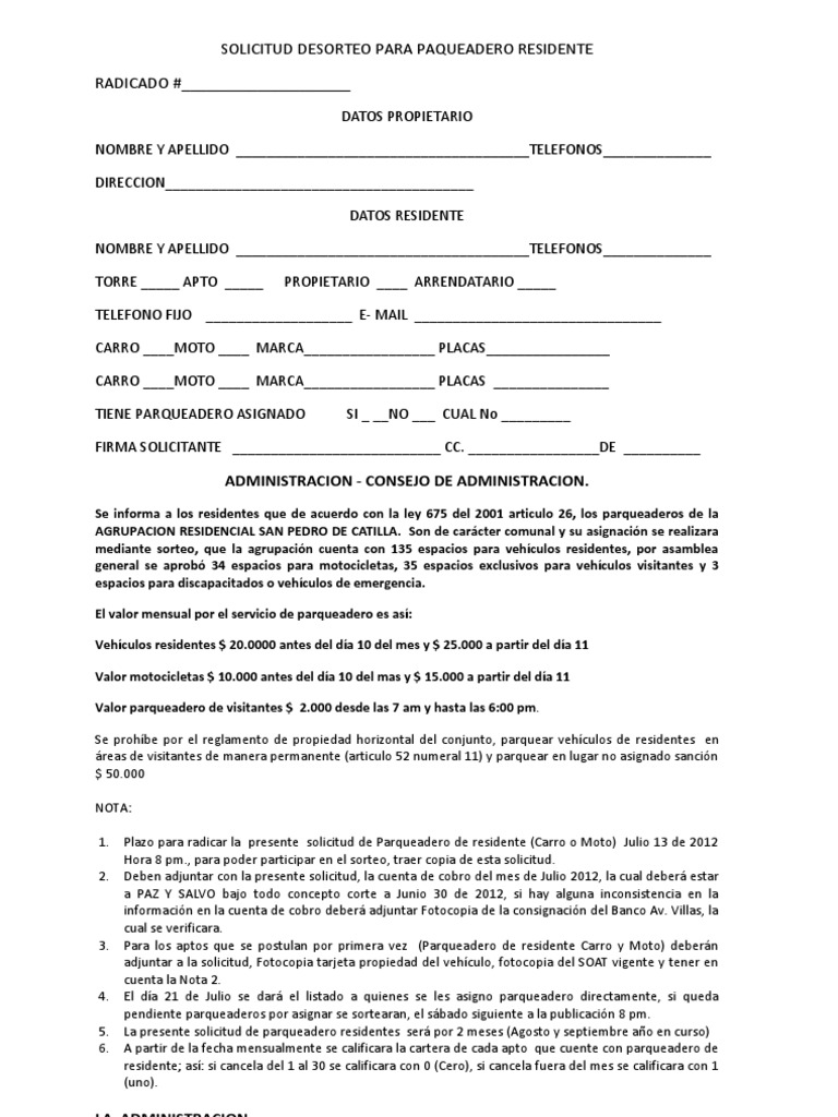 Solicitud De Paqueadero