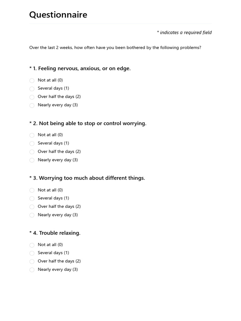 Questionnaire: 1. Feeling Nervous, Anxious, or On Edge | PDF