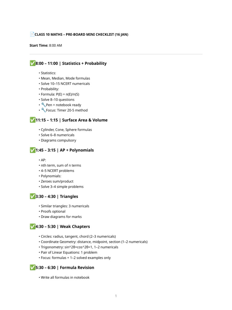 Maths Preboard Checklist | PDF