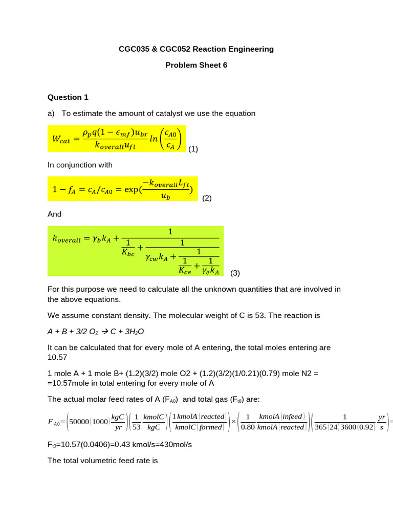 Problem Sheet 8 Solutions - Fluidised Bed Reactors | PDF | Mole (Unit ...