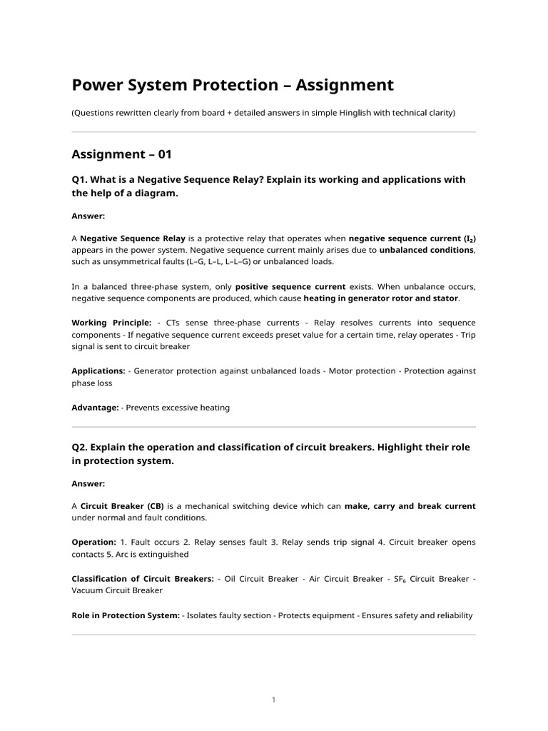 Power System Protection - Assignment Questions & Detailed Answers | PDF ...