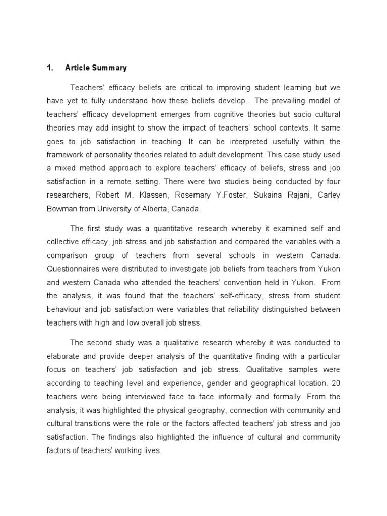 Article Review Teaching in The Yukon PDF Job Satisfaction Self