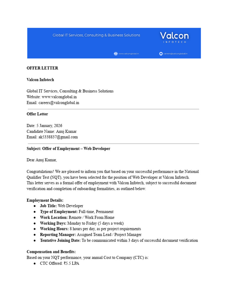 Valcon Infotech Offer Letter (Anuj Kumar) | PDF | Employment | Employee ...