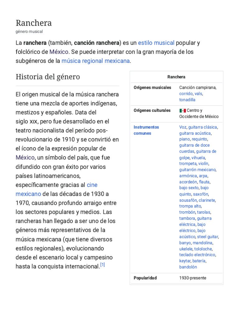 Ranchera - Wikipedia, La Enciclopedia Libre | PDF | Guitarras | Musicología