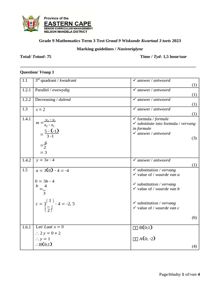 2023 GR 9 Test 3 Memo - 250807 - 130044 | PDF | Mathematics