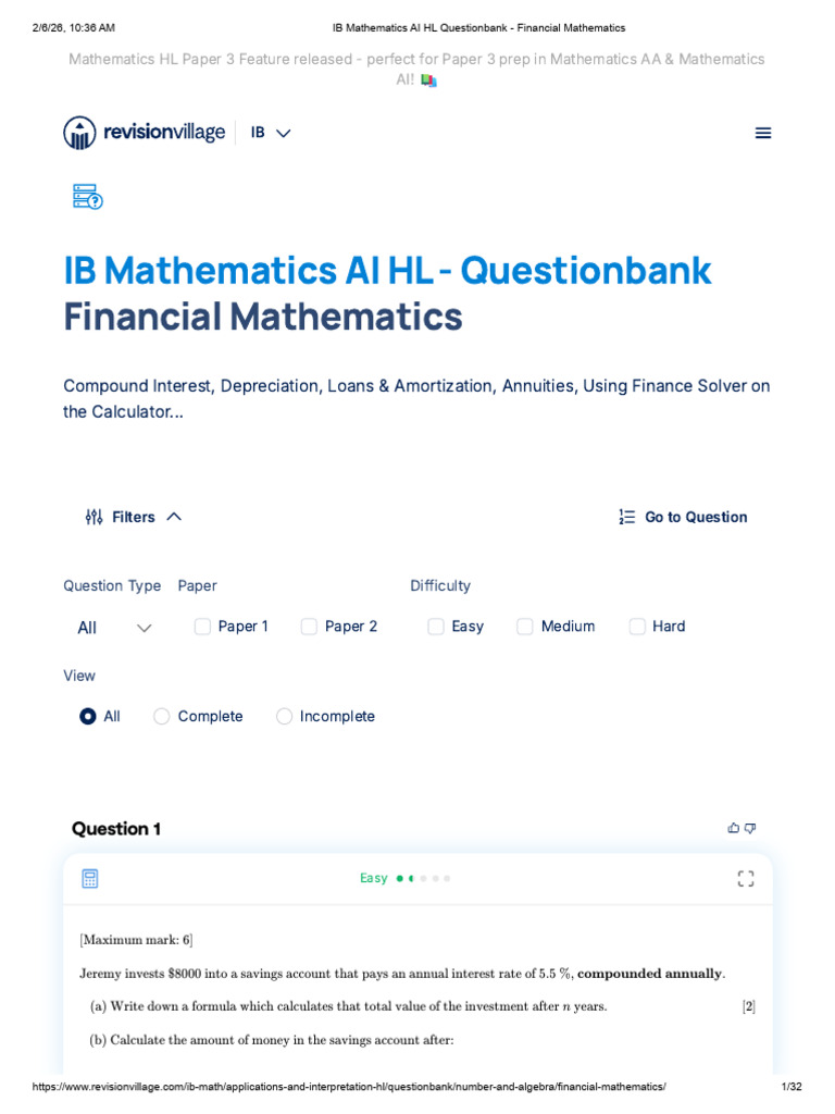 IB Mathematics AI HL Questionbank - Financial Mathematics | PDF ...