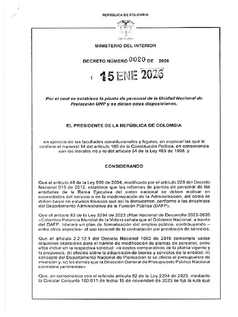 Decreto 020 de 2026 - Planta UNP | PDF