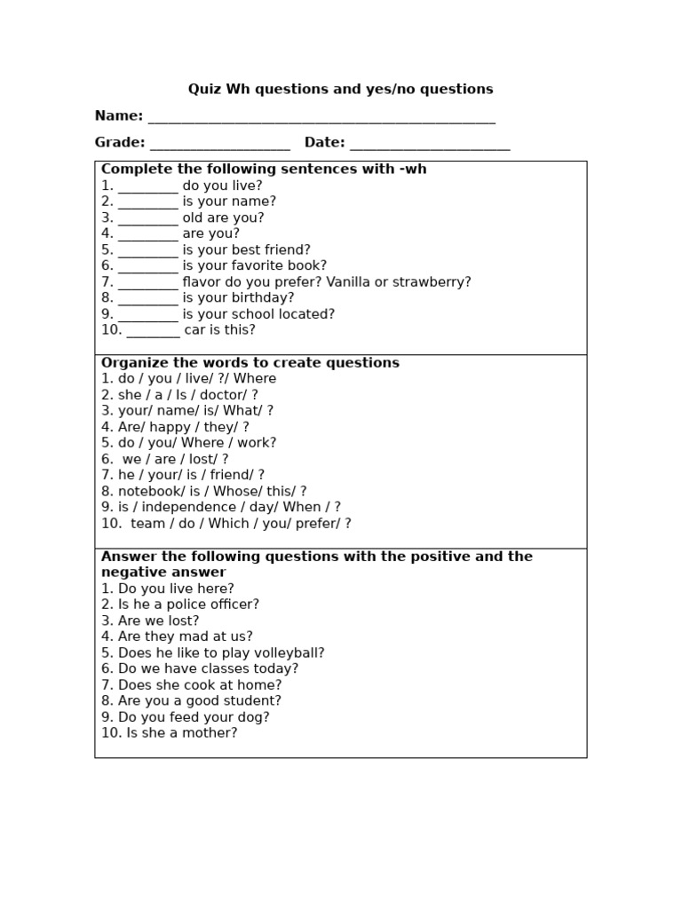 Quiz WH Questions and Yes | PDF
