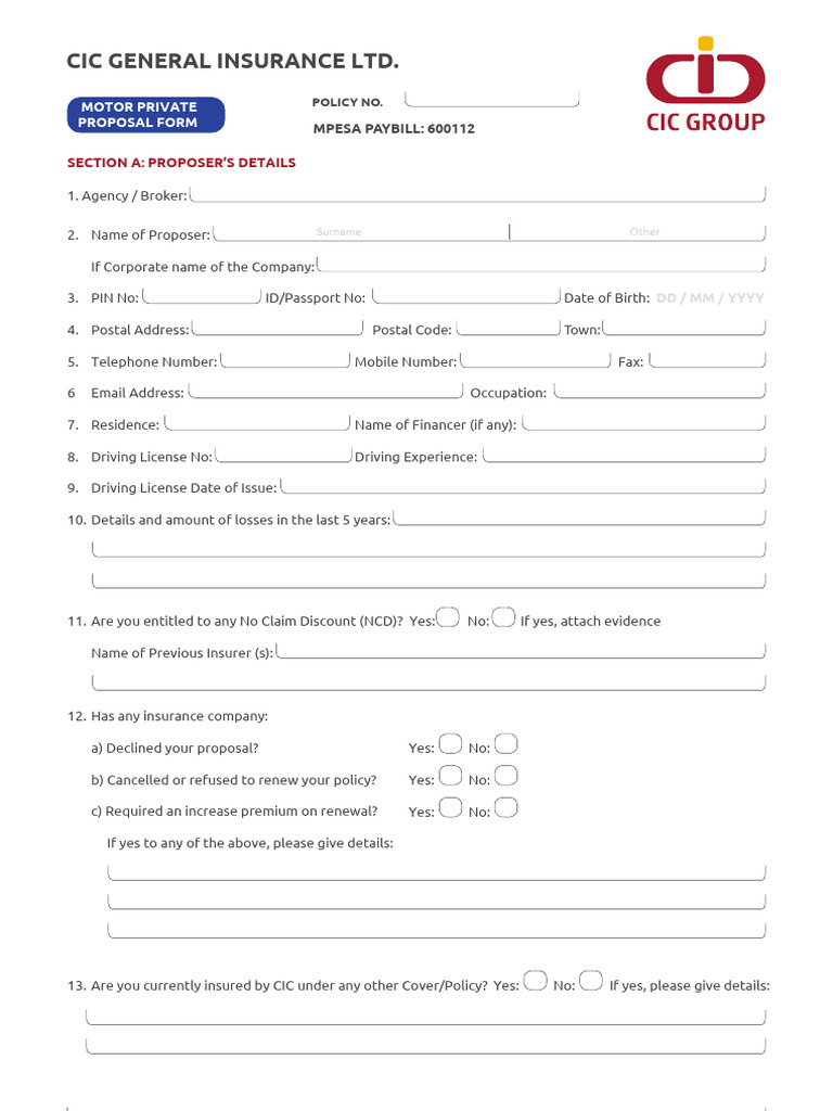CIC Motor Private Proposal Form V022024 1 | PDF | Insurance