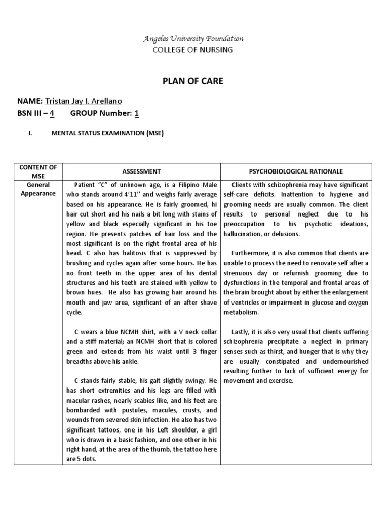 Mental Status Examination Schizophrenia Memory