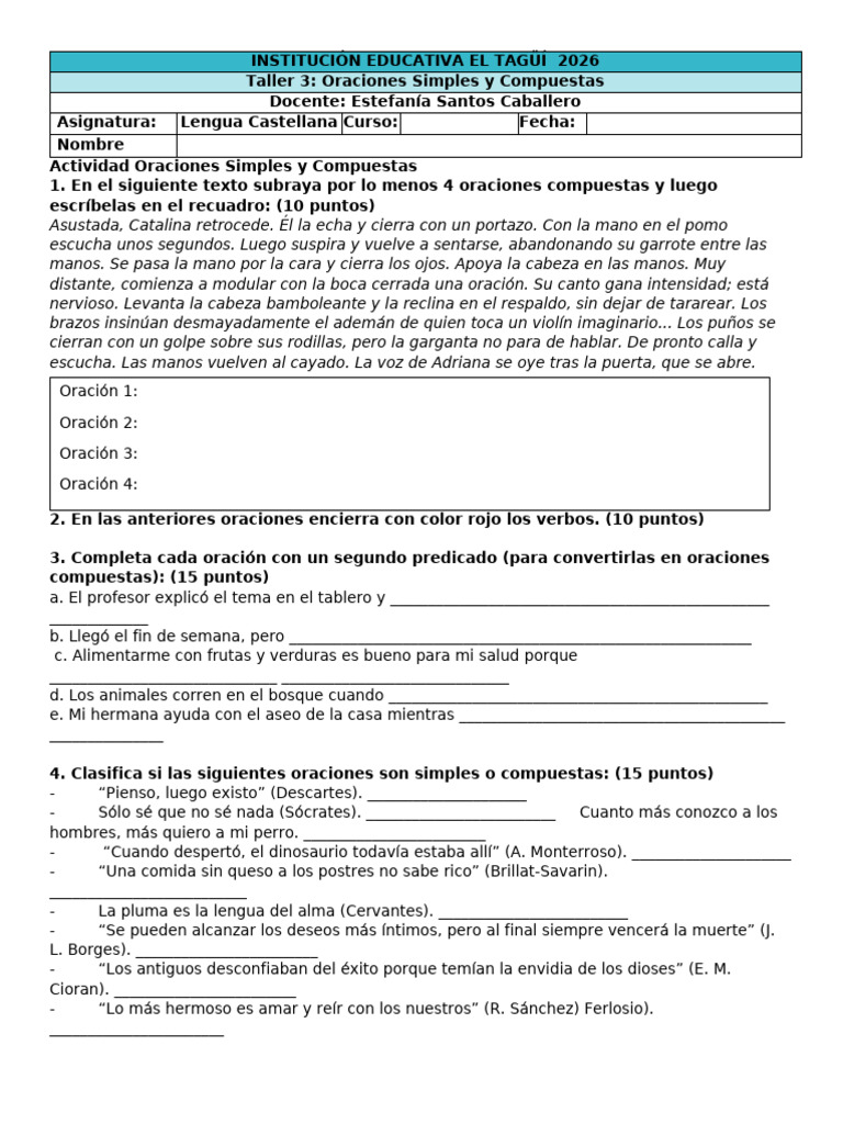 Taller N°3 - Oraciones Simples y Compuestas | PDF