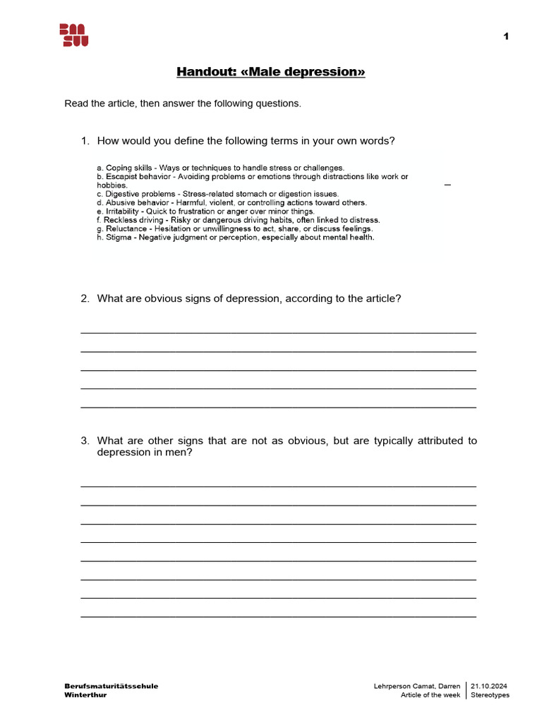 Handout Article Male Depression | PDF | Psychology | Behavioural Sciences