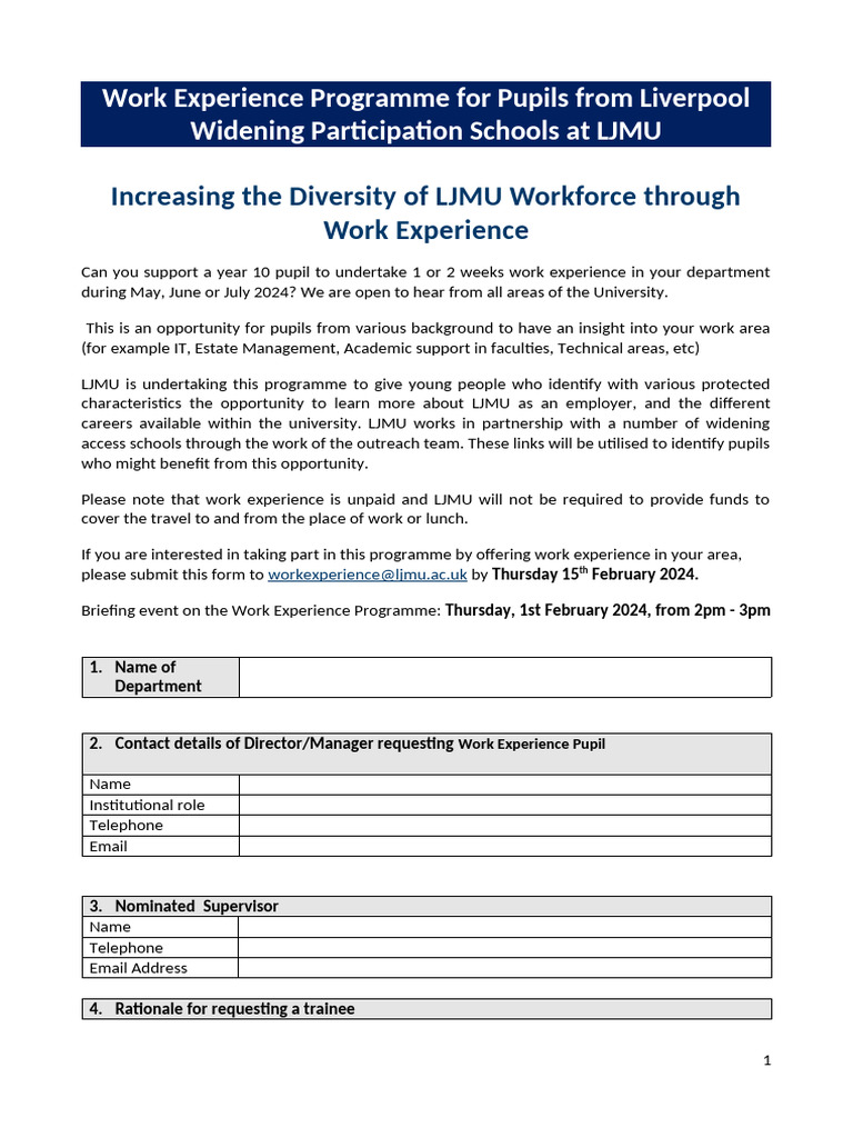 Expression of Interest Form Work Experience Programme 2024 | PDF