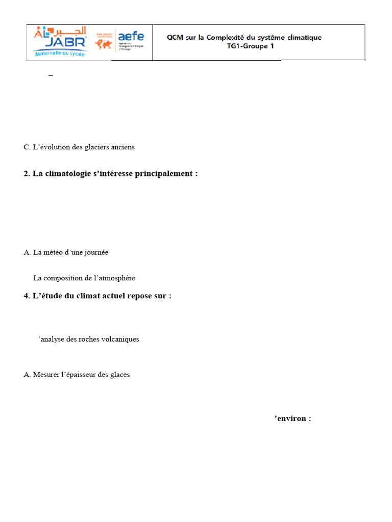 QCM Complex Clim TG | PDF | Effet de serre | Changement climatique