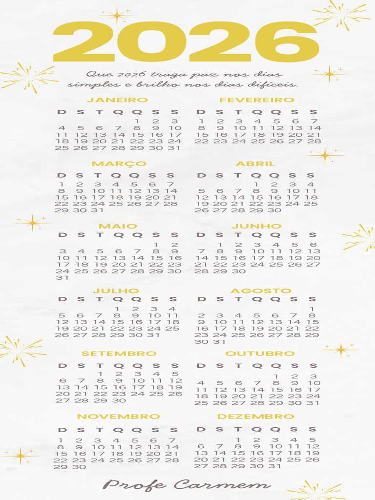 Marcador de Páginas Motivacional Simples Calendário 2026 Amarelo e ...