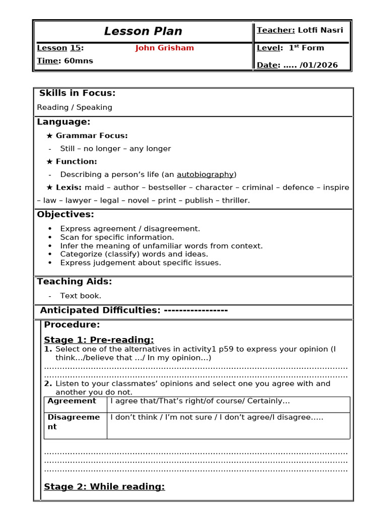 Lesson Plan 1st Form Lesson 15 John Grisham | PDF | Human Communication